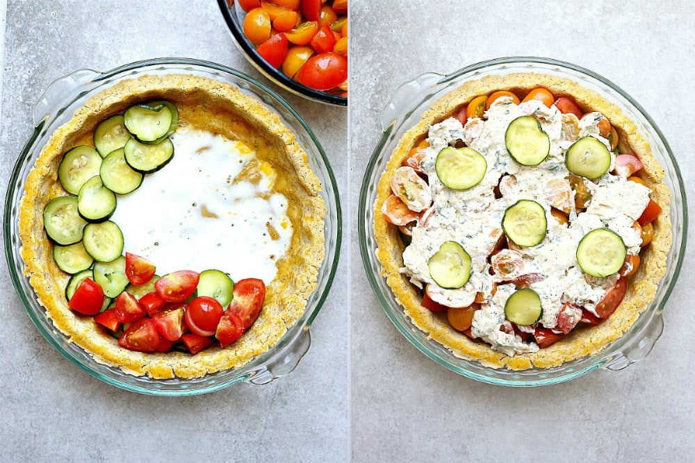A mouthwatering gluten-free tomato zucchini pie made with fresh tomatoes, zucchini and basil with a warm goat cheese coating on top. It highlights summer’s best produce and is so versatile, ready to serve for brunch, lunch or dinner. #tomatozucchinipie #glutenfree #dinnerpie #tomatorecipes #recipe #zucchini #easy #dinner #healthy #summersquash #brunch #goatcheese #pie #glutenfreepies #summer | Recipe at Delightful Mom Food