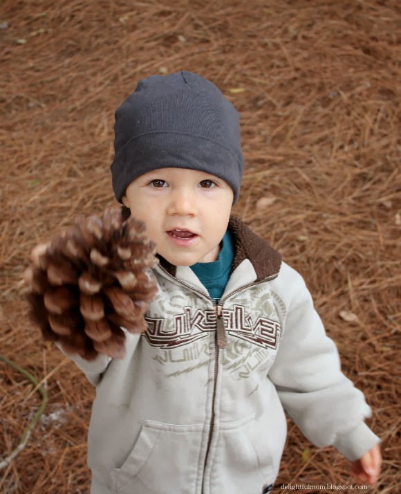 child holding pine cone in the air