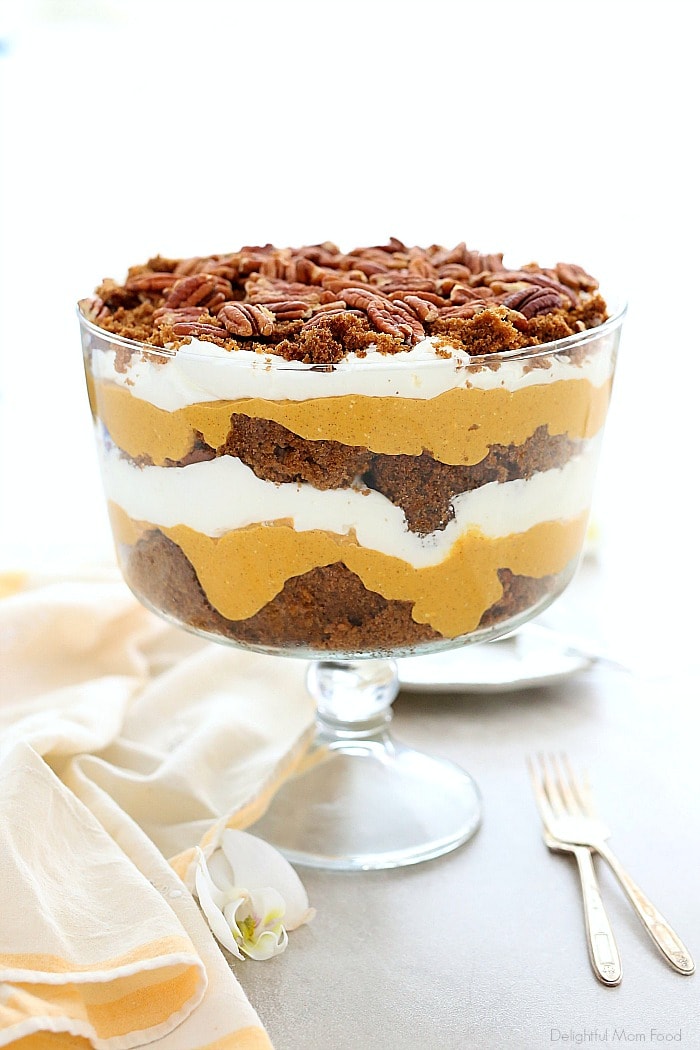 A tasty pumpkin trifle layered with gluten-free gingerbread cake, creamy pumpkin filling and homemade whipped cream.