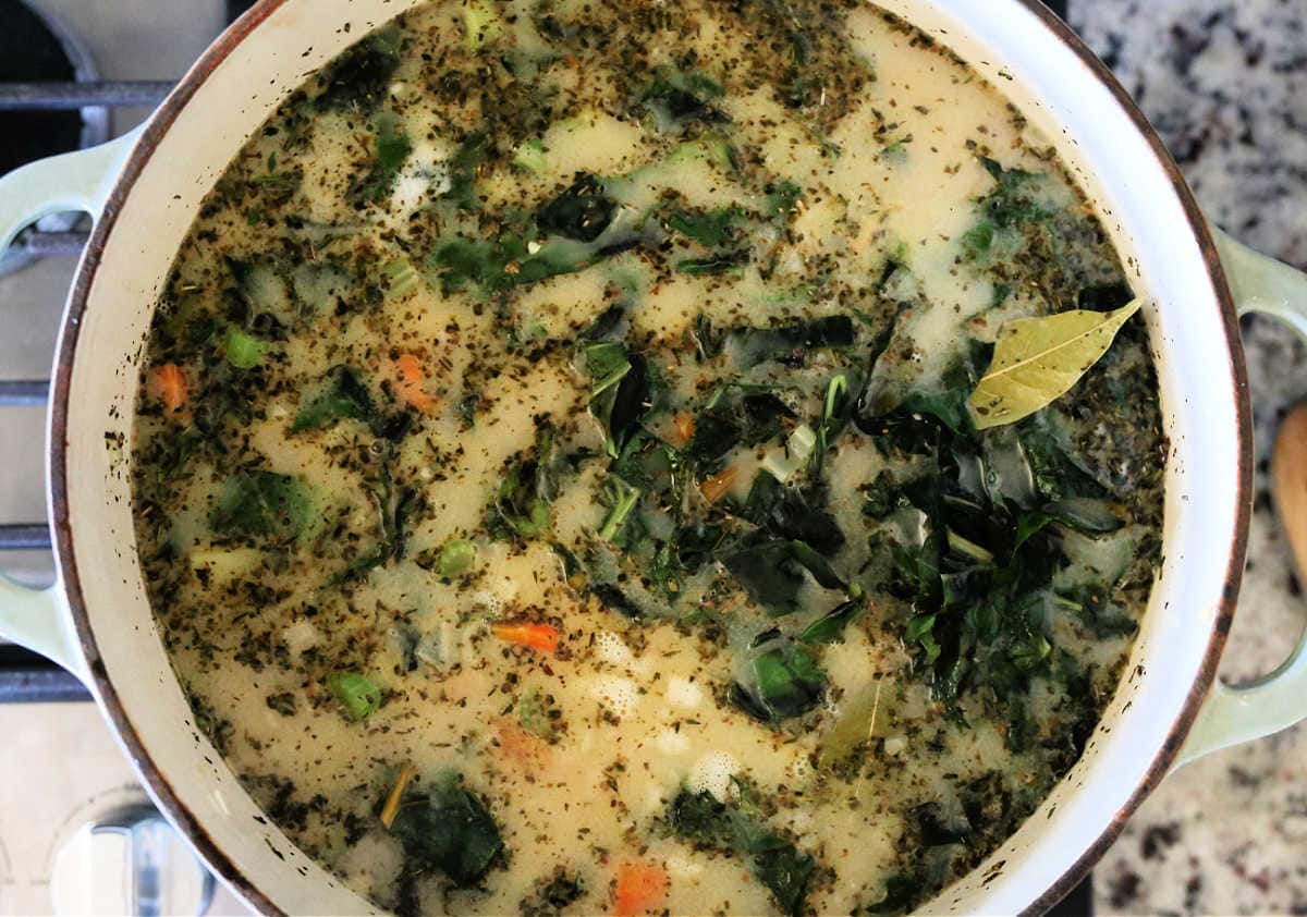 swiss chard soup in a saucepan