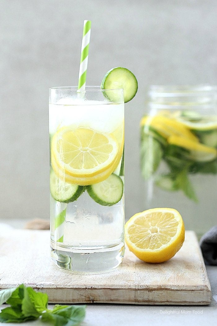 lemon cucumber mint water in a glass for drinking to detox the body