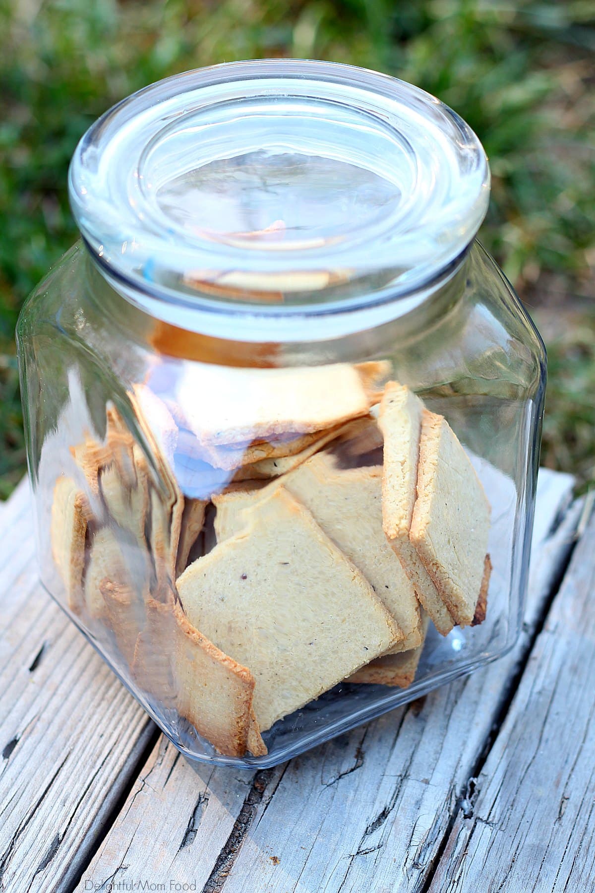 Low carb crackers in a glass jar.
