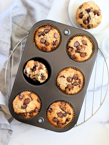 healthy chocolate chip muffins in a baking pan