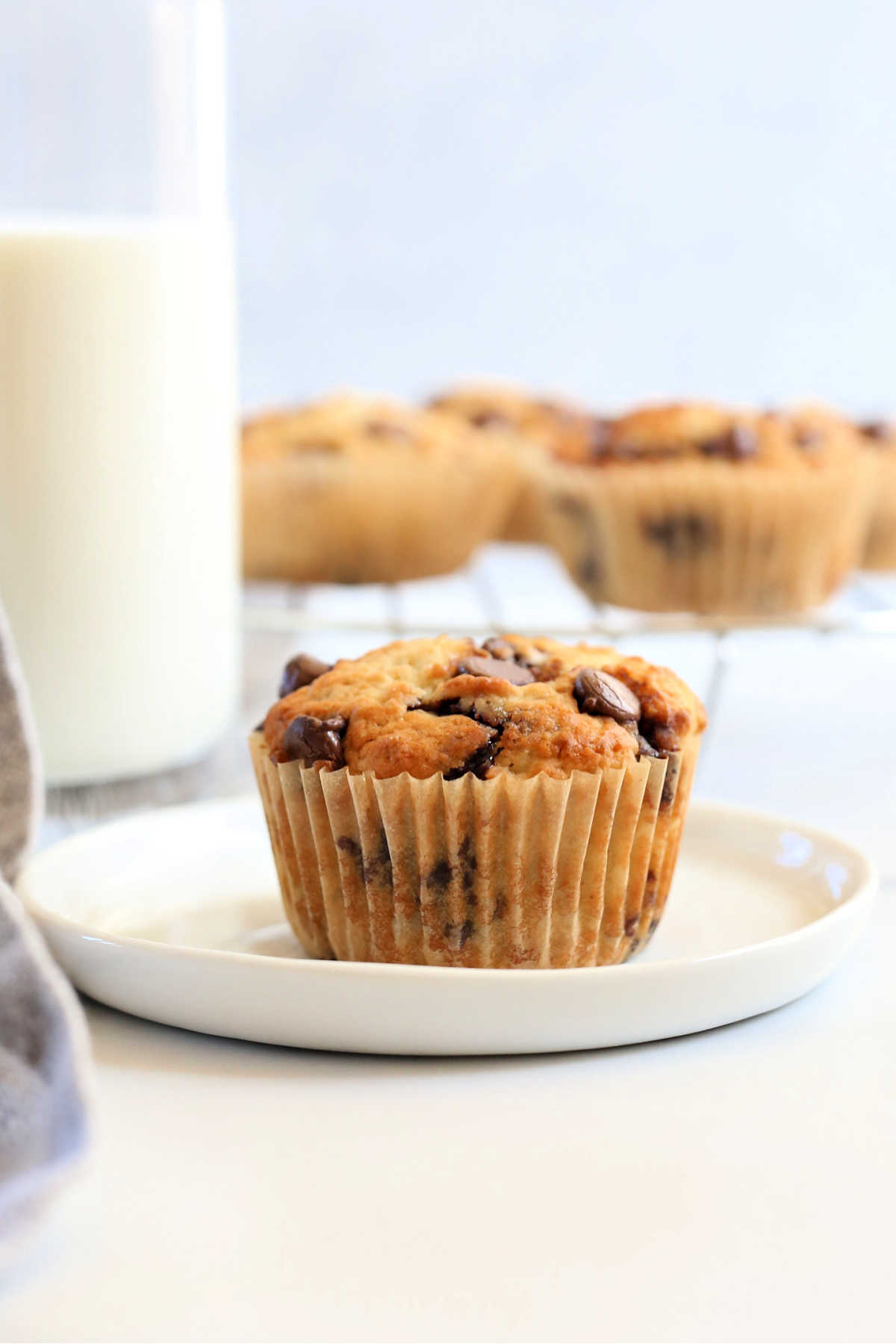 healthy chocolate chip muffin recipe on a plate