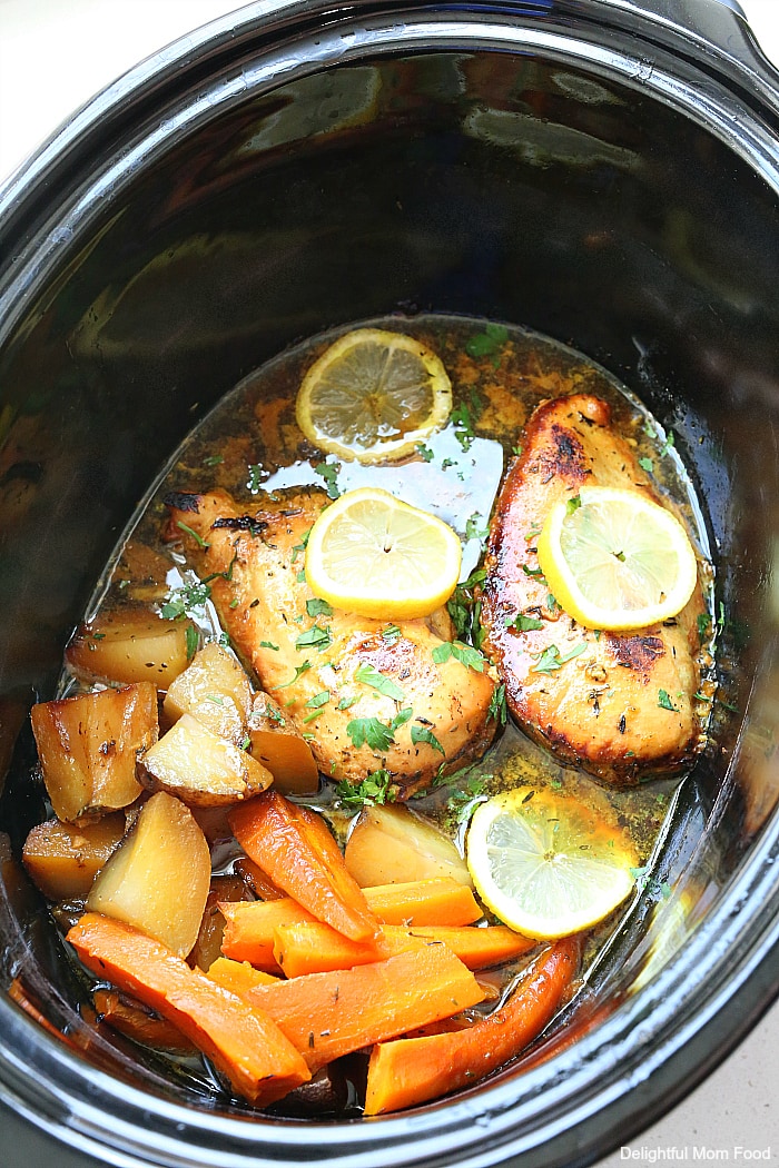Honey lemon chicken slowly cooked in the slow cooker frees up cooking space and valuable time! The chicken is infused with a marinade of turmeric, honey, lemon and oil creating a delicious meal with a slightly sweet side. #honey #lemon #chicken #recipe #glutenfree #healthy #crockpot #slowcooker | Delightful Mom Food