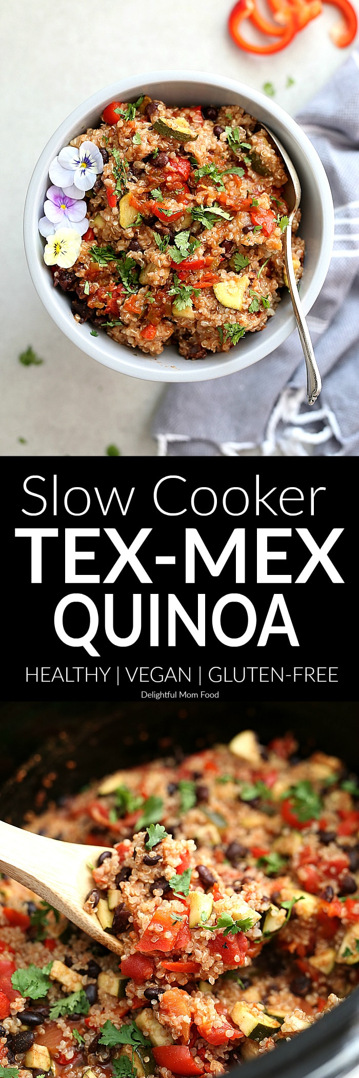 One pan Mexican quinoa recipe that takes only minutes to put together. Hearty flavors of quinoa, black beans and vegetables embodied with tex mex spices that simmer a few hours in the slow cooker and are ready to enjoy in the evening. A stress-free  vegan and gluten-free dinner waiting to be devoured! #texmex #mexican #quinoa #vegetarian #healthy #recipe #vegan #glutenfree | recipe at delightfulmomfood.com