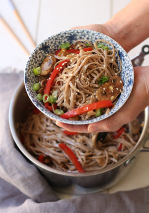 Japanese Ramen Noodles With Mushrooms and Red Peppers