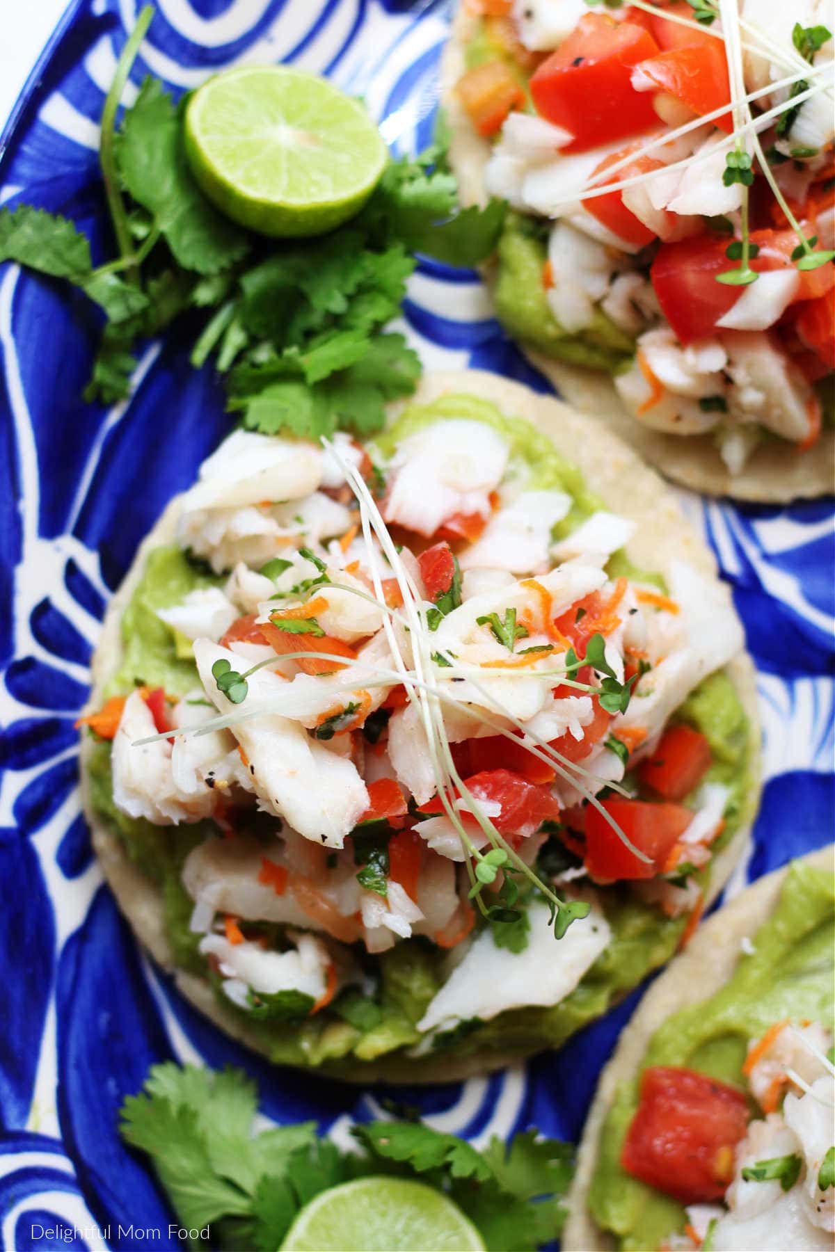 recipe for white fish ceviche served on a tostada with homemade guacamole