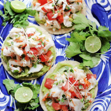 best ceviche recipe made with halibut, tomato and onion with guacamole on corn tortillas and served on a plate