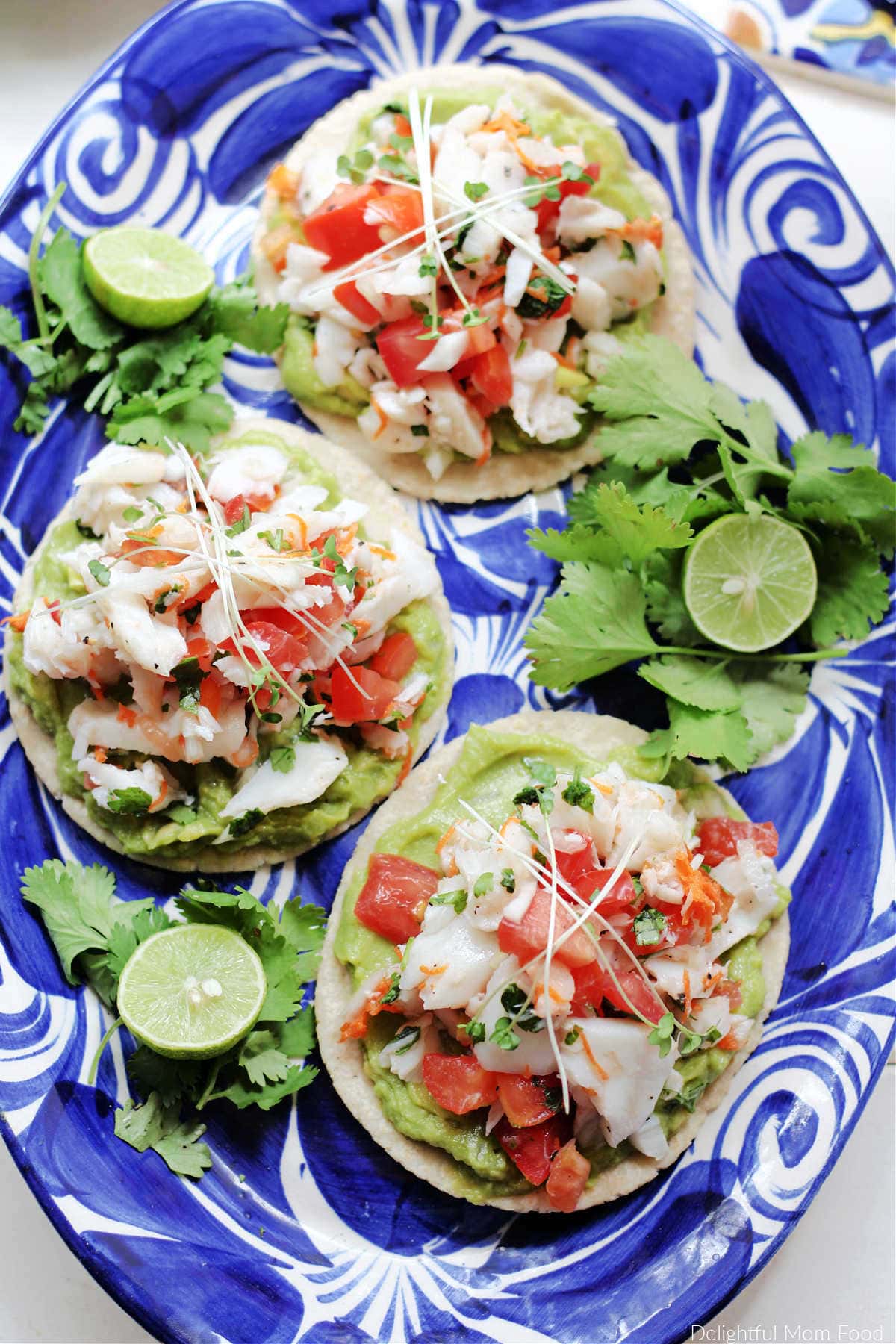 best ceviche recipe made with halibut, tomato and onion with guacamole on corn tortillas and served on a plate