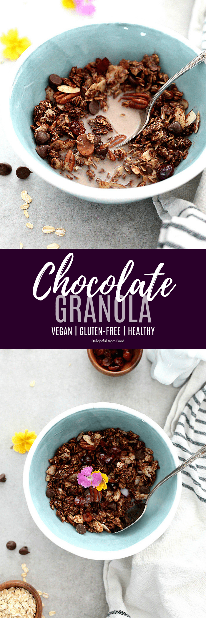 Transform mornings with this healthy chocolate granola recipe! Add your favorite nuts and dried fruit to this chocolate granola such as tangy dried cherries, chocolate chip morsels and pecans for a dreamy morning treat (vegan and gluten-free)!  #chocolate #granola #recipe #healthy #glutenfree #easy #vegan | recipe at delightfulmomfood.com