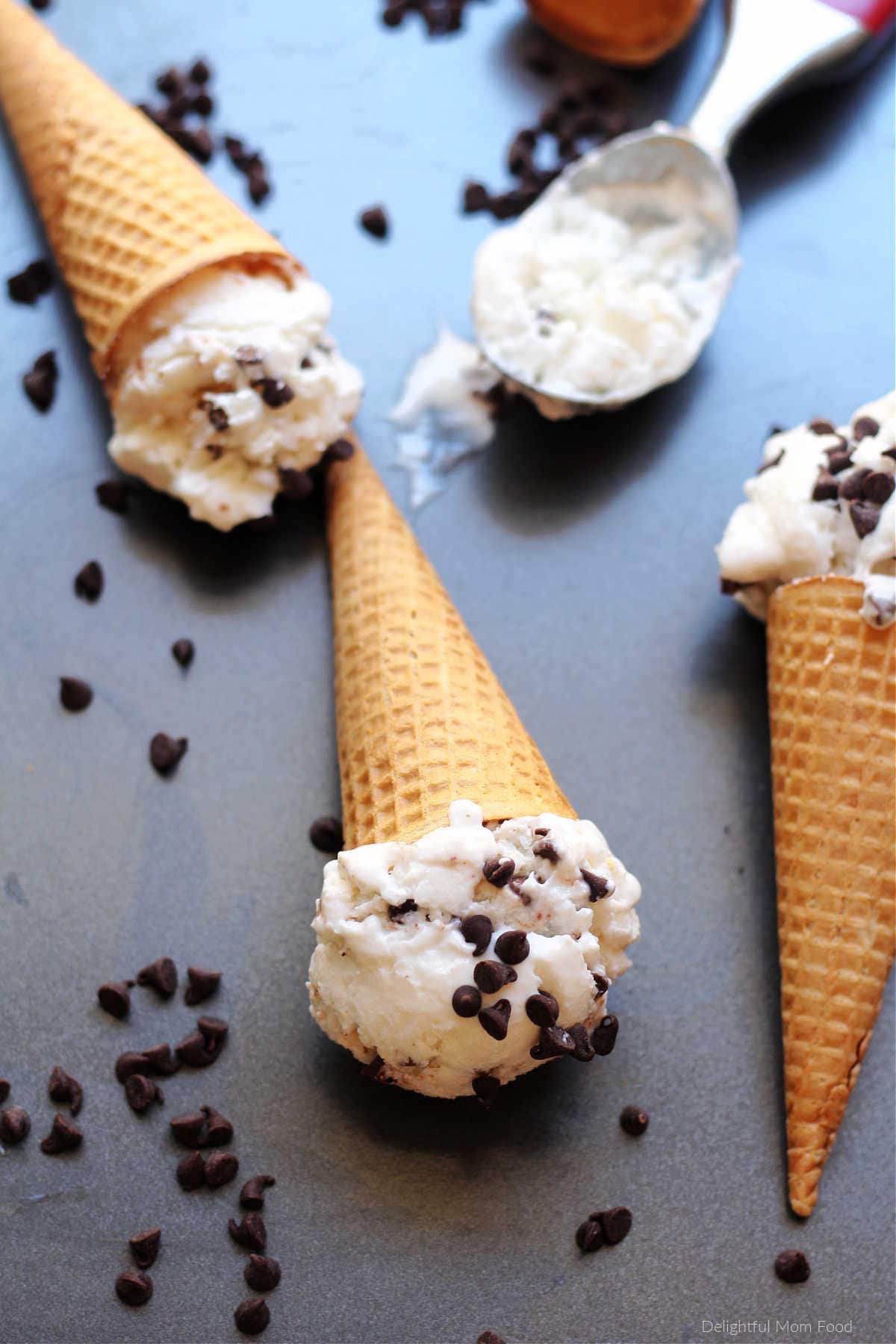 sugar free greek yogurt ice cream with mint flavor and chocolate chips in a cone