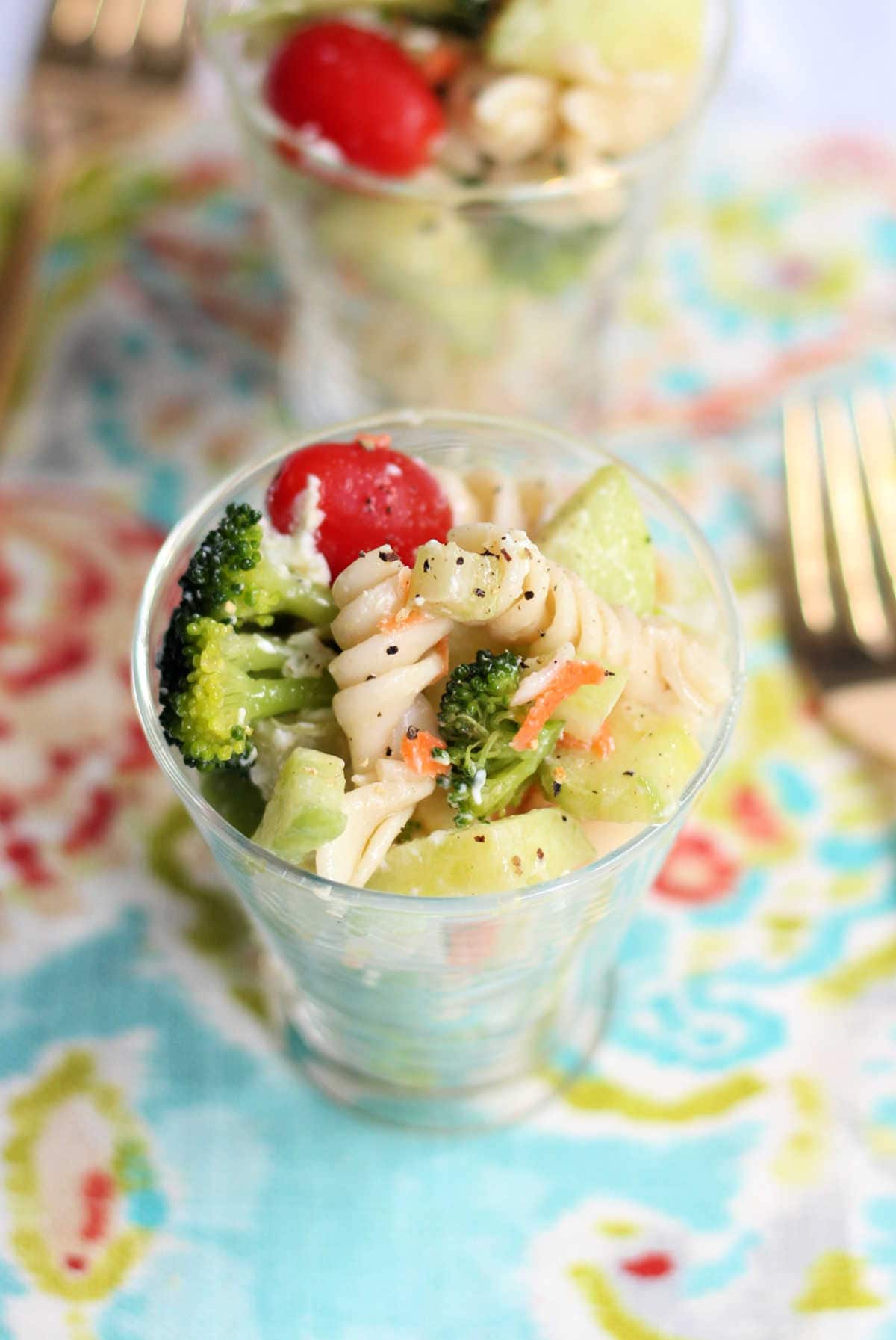 cold pasta salad with Italian dressing and gluten-free noodles in a glass cup