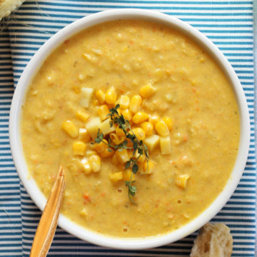 easy vegan corn and potato chowder recipe in a bowl