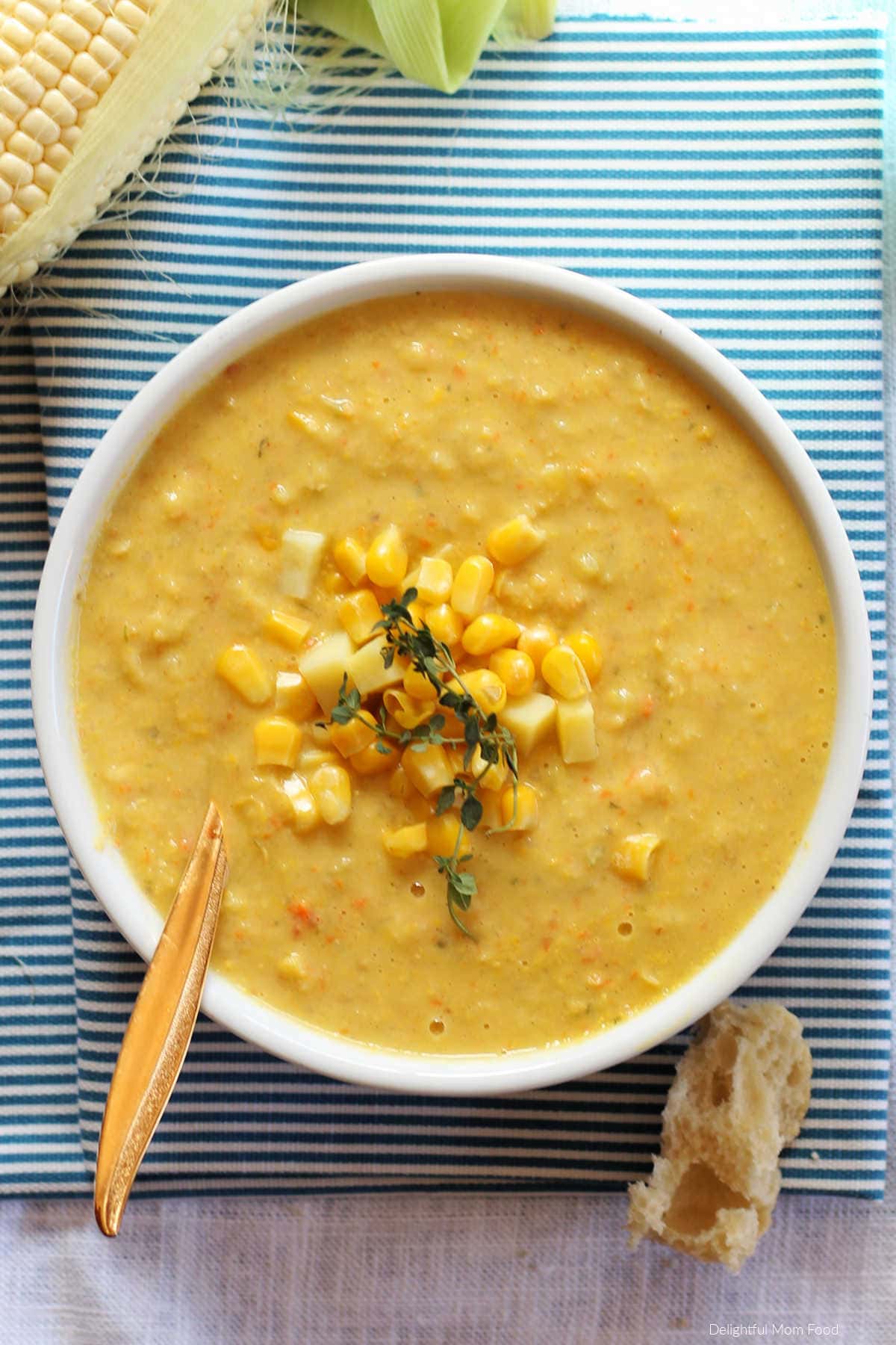easy vegan corn and potato chowder recipe in a bowl