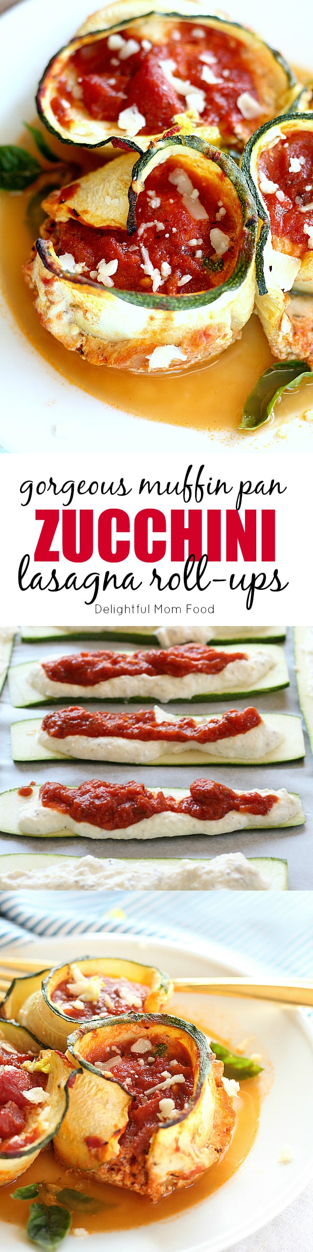 Vegetarian zucchini lasagna rolls sliced into flat-shaped pasta shapes, layered with sauce, rolled and baked in a muffin pan! Easiest Italian "lasagne" dinner that is ready in less than 45 minutes and can be made ahead of time! 
