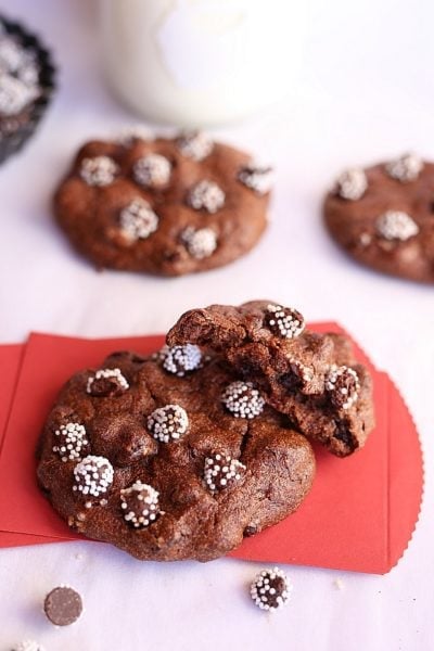 Flourless chocolate hazelnut cookies made with egg whites on a red paper.