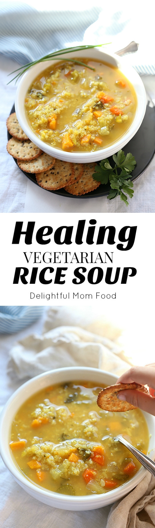 This hearty vegetarian crock pot rice soup recipe is the perfect food-for-your-soul! Made with vegetable broth or if you are not a vegetarian add chicken for added protein! Delightful Mom Food #rice #soup #recipe #slowcooker #easy #healthy #vegetarian #vegetable