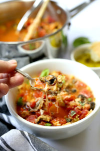 Pizza stew is a great way to use up all those leftover Italian pizza toppings without adding any carbs to your diet! This soup takes as little as 30 minutes and uses hardly any dishes. No deep dish here! Just your favorite vegetables, mushrooms, pepperoni, Sicilian chicken and the mozzarella cheese is optional!