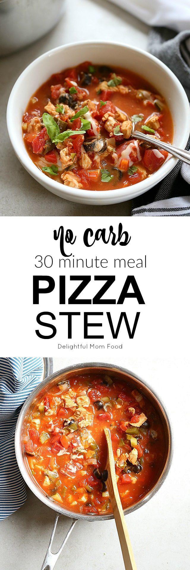 Pizza stew is a great way to use up all those leftover Italian pizza toppings without adding any carbs to your diet! This soup takes as little as 30 minutes and uses hardly any dishes. No deep dish here! Just your favorite vegetables, mushrooms, pepperoni, Sicilian chicken and the mozzarella cheese is optional!