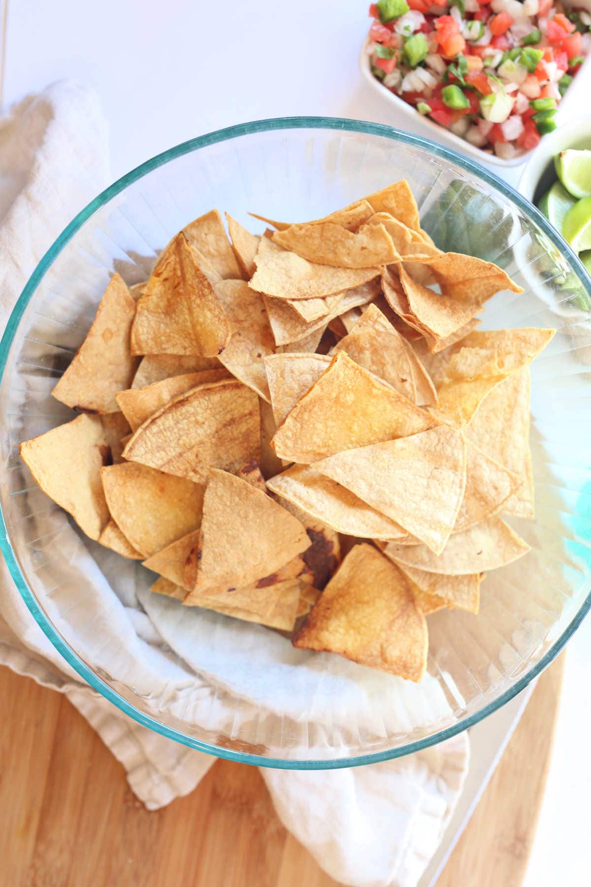 homemade tortilla chips baked in the oven and served in a bowl