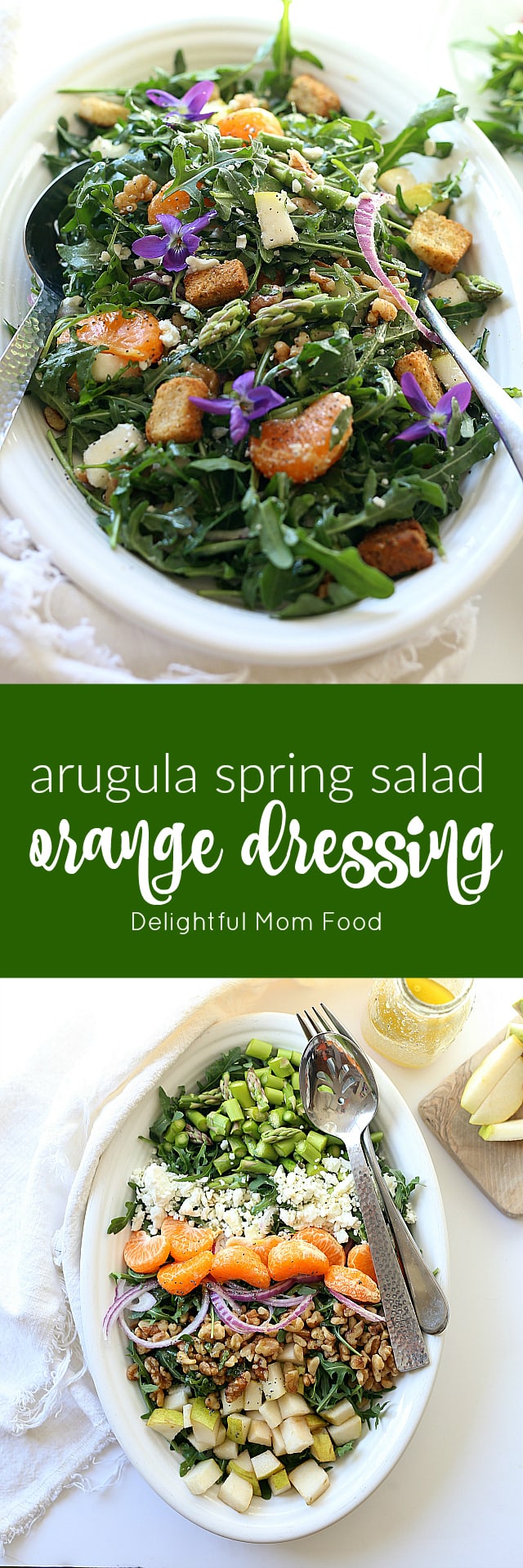 The lightest most satisfying vegetarian arugula salad packed with rocket (rucola) leaves, meaty walnuts, earthy red onions, hints of feta, nutty asparagus vegetables and topped with a savory sweet mandarin orange salad dressing. Perfect for a spring brunch or dinner especially when the evenings are lighter longer!