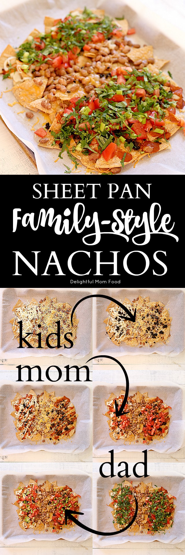 Simple nachos recipe custom created for each member of the family and baked to perfection on a sheet pan! Forget about the kids not wanting veggies on top and the husband wants his enchilada sauce and you want extra cheese. Now you can cater to all members of the family in one of the easiest sheet pan dinner recipes!
