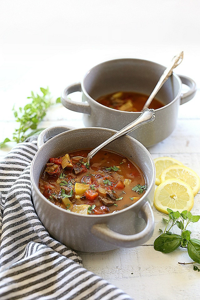 mushroom and vegetable soup with zucchini, tomatoes and chili spices.