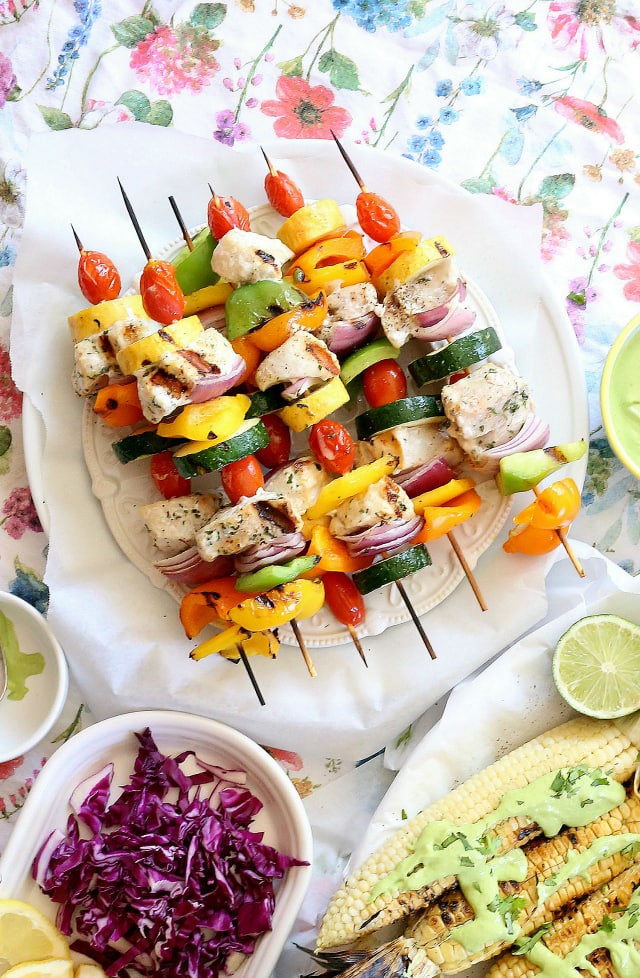 Grilled Fish Skewers With Griilled Corn Closeup