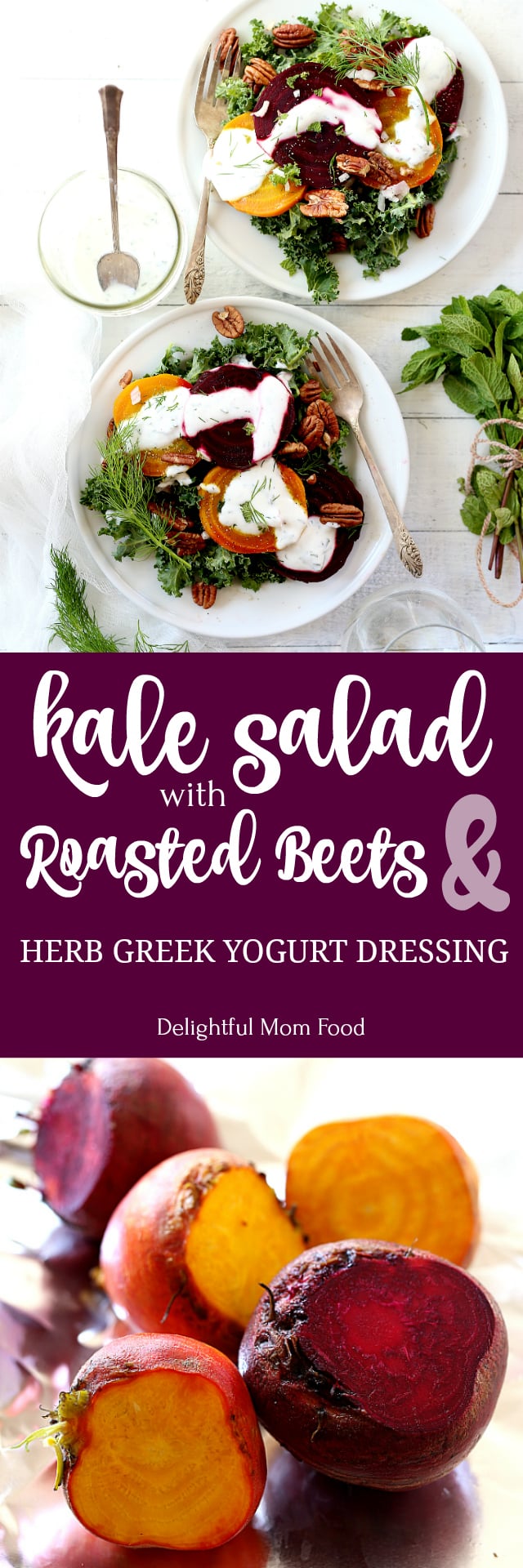 Roasted Beet Kale Salad With Herb Infused Non-Fat Greek Yogurt Dressing! This Greek yogurt dressing is easy and a perfect sauce for salads, meats and other roasted vegetables! 