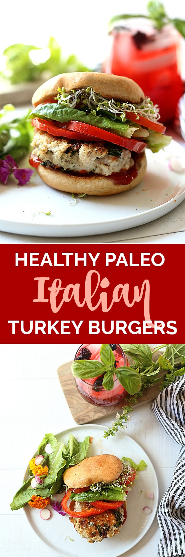 4-Ingredient healthy Italian turkey burger recipe sizzling with Italian flavors! Serve these ground turkey patties on a gluten-free bun with fresh red peppers and vegetables or over pasta with marinara sauce!