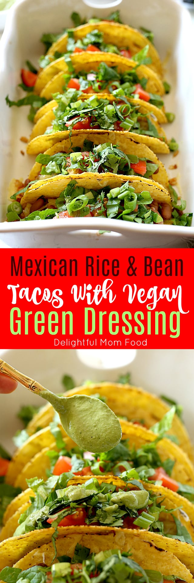 Mexican rice, beans, cheese, lettuce, cilantro and tomatoes stuffed into warm taco shells and topped with a creamy green vegan sauce. Super easy and healthy recipe for hard shell tacos in under 30 minutes!