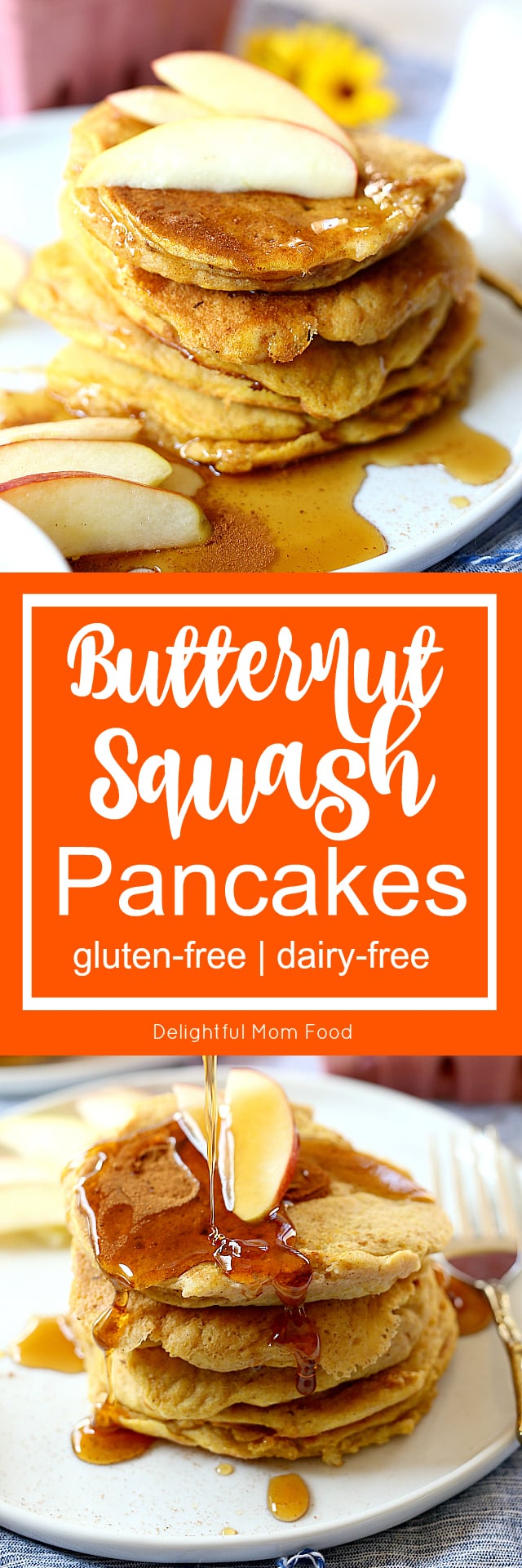 Butternut squash pancakes made with mashed butternut squash (Cucurbita moschata) blended with gluten free flours, egg and dairy-free milk! So easy and healthy for quick breakfast or healthy snack!