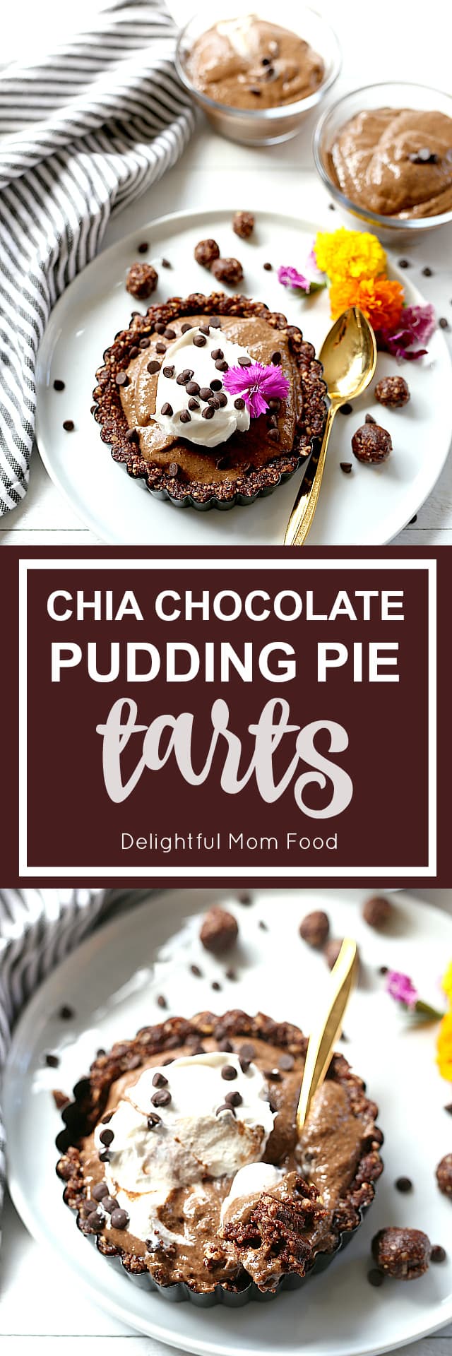Vegan chocolate pie recipe made with chia seed chocolate pudding served as a large pie or mini tarts! A delicious easy blend of chia seeds, cocoa powder, vanilla flavors and almond milk topped on a healthy no-bake chocolate, nut and date crust!
