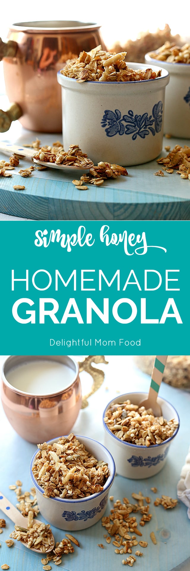 Gluten-Free Homemade honey granola recipe is a great way to start the day! This toasted oats recipe makes a big batch so you can use half of it to turn into no bake granola bars for snack time or breakfast the next day! | Delightful Mom Food