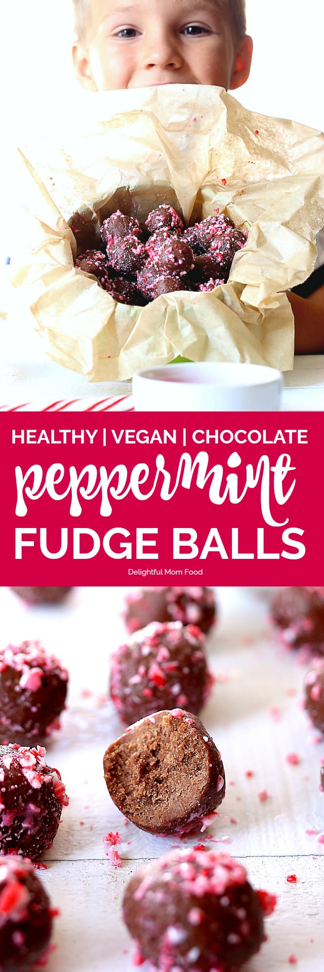 Healthy chocolate fudge balls made raw and coated with crunchy peppermint candy cane pieces. A delicious combination of chocolate cocoa powder, maple syrup, coconut oil, vanilla and gluten-free flour rolled into delicious chewy vegan balls - perfect for the holidays!