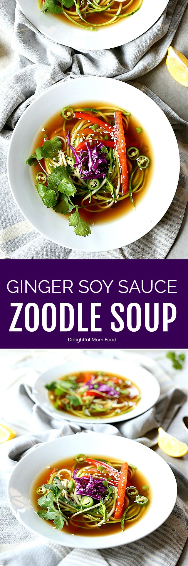 A spicy soy sauce-based ginger soup broth with sweet red bell peppers, green onions, zoodles and jalapenos. A household favorite grain free vegetarian zucchini soup recipe in 30 minutes!