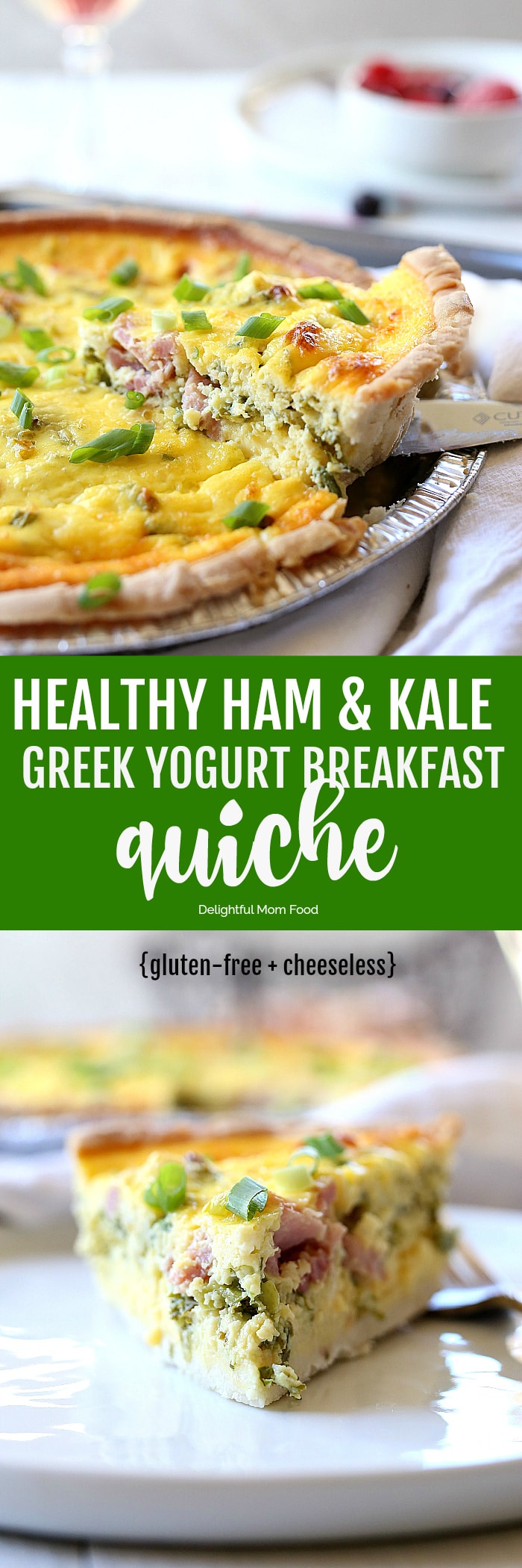 Satisfying and healthy quiche recipe made with finely chopped kale, ham and protein packed non-fat Greek yogurt baked in a gluten free pie crust. 8-simple ingredients for a quick healthy breakfast, brunch or dinner! #healthy #quiche #recipe #kale #eggs #Greekyogurt #ham #breakfast #glutenfree | Delightfulmomfood.com