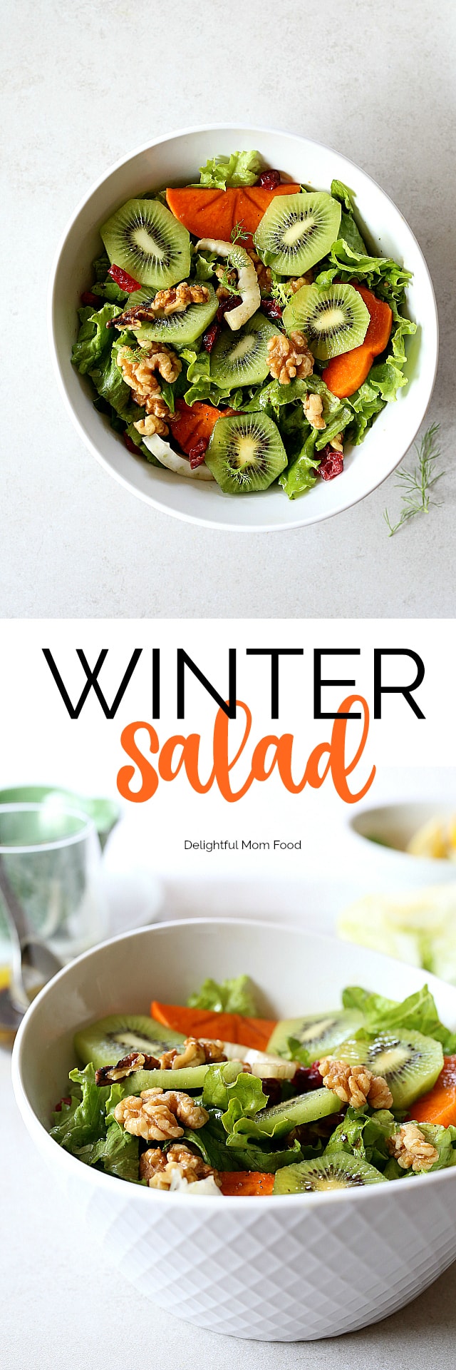 Winter Salad with Kiwi, Persimmons, Walnuts and Cranberry in a walnut vinaigrette dressing. Top the green salad with dried cranberries or pomegranate seeds for an extra burst of color and tang! 