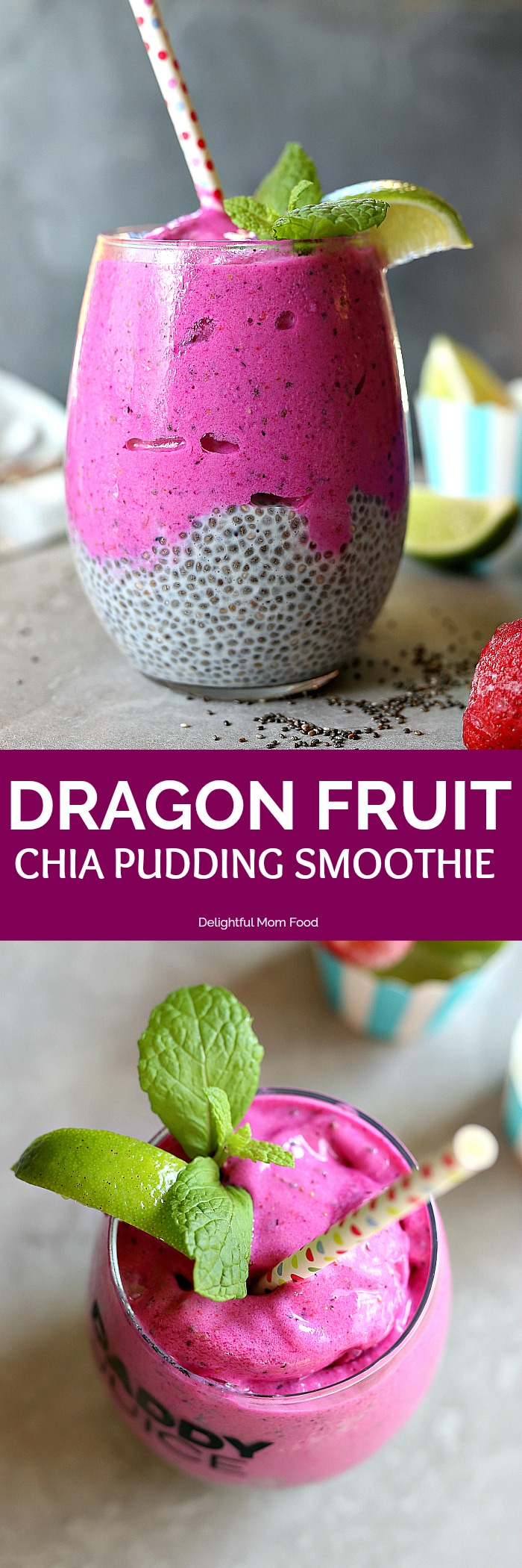 Vibrant pink dragon fruit smoothie topped on creamy chia pudding! It is a high fiber energizing superfood and is the perfect way to start your day, eat as a snack or enjoy after a workout to refuel your body! #dragonfruit #smoothie #bowl #chiapudding #healthy #breakfast #snack #easy #pitaya | delightfulmomfood.com