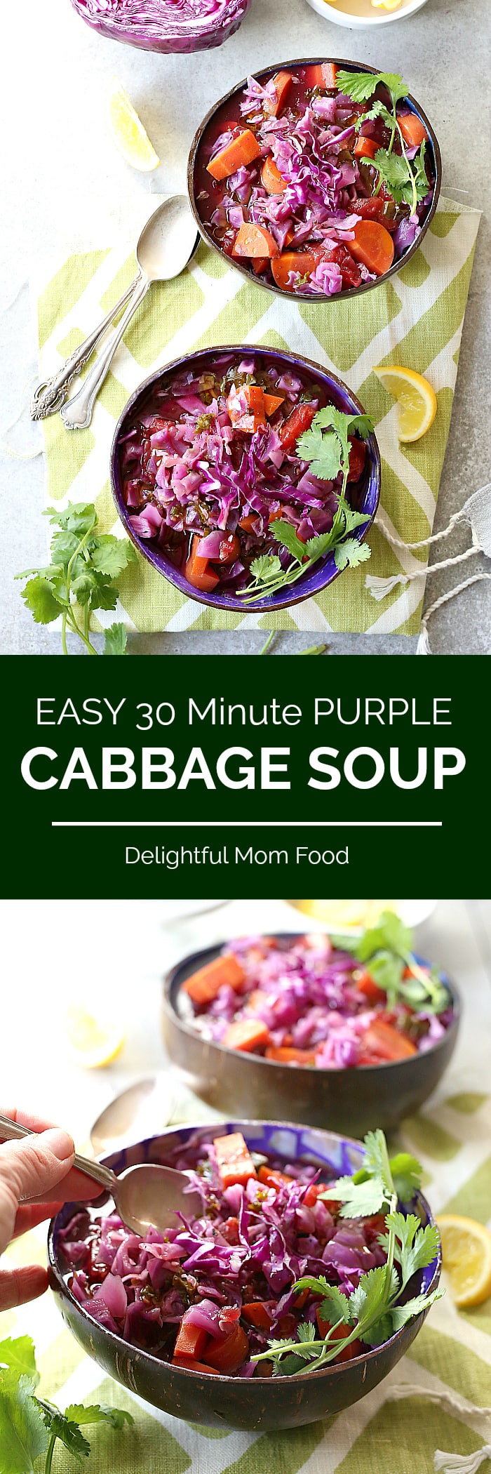 Purple cabbage soup with carrots in a tomato base broth is vegan, nourishing and rich in powerful antioxidants! This soups vibrant purple color is fun for kids, #Whole30 and #Paleo diet approved! #recipe #cabbage #soup #easy #vegetarian #healthy | delightfulmomfood.com