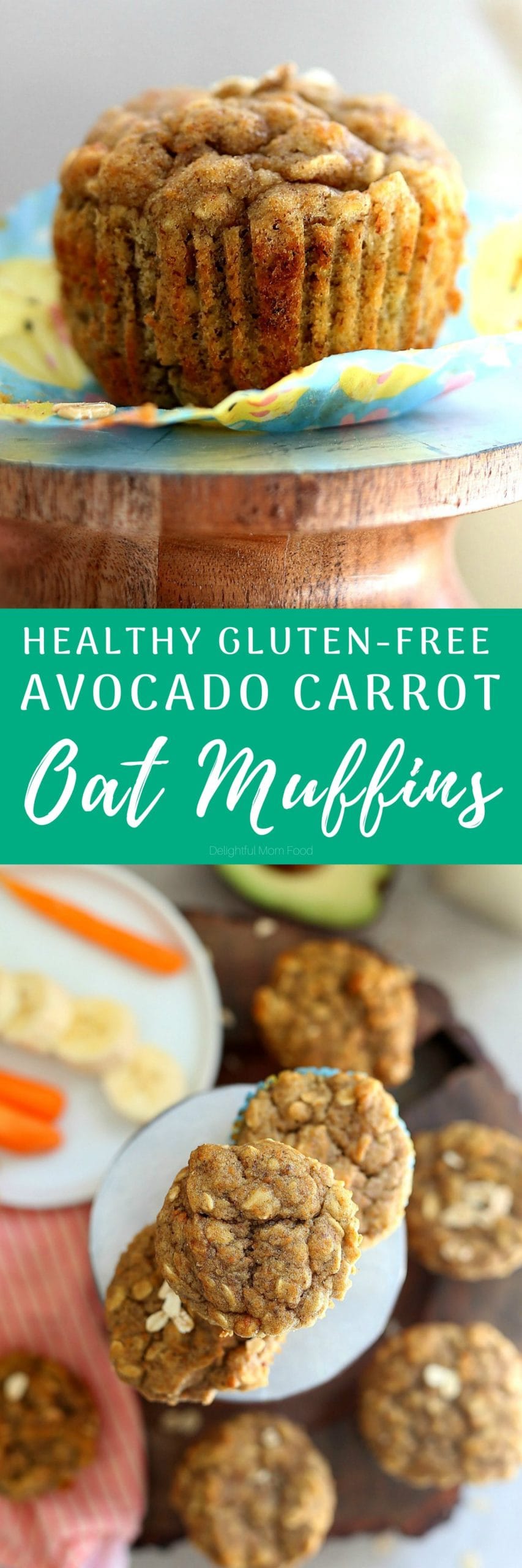 Delicious gluten-free healthy carrot muffins made with hidden added avocado, bananas and oats for a nutrient dense balanced baked good to enjoy any time of the day and when you need a healthy meal or snack in a jiffy! This one is great for kids! #glutenfreemuffin #healthycarrotmuffins #glutenfreecarrotmuffins #oatmealmuffins #healthy #recipe #muffins #easy #quick #vegetablemuffin | Recipe at Delightful Mom Food
