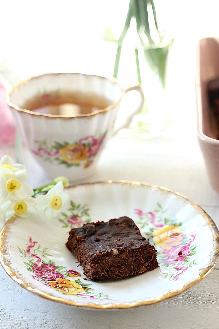 whole 30 brownies on a plate with a cup of tea