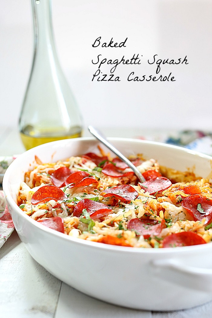 4-Ingredient baked spaghetti squash pizza casserole topped with turkey pepperoni is almost the easiest low-carb & one-dish dinner you will love! Roast a spaghetti squash ahead of time for a delicious quick dinner in 30 minutes or less!