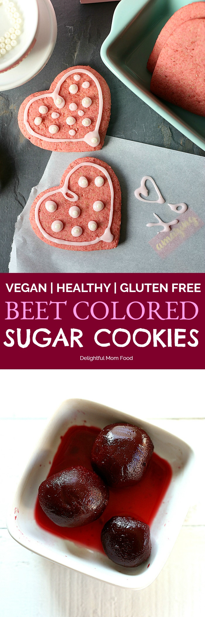 Soft vegan healthy sugar cookies made with coconut oil are beautifully colored pink naturally from beets! A gluten free cookie you can feel good about eating and pretty enough for Valentine's Day! | #healthy #vegan #sugar #cookie #easy #quick #beets #recipe | delightfulmomfood.com