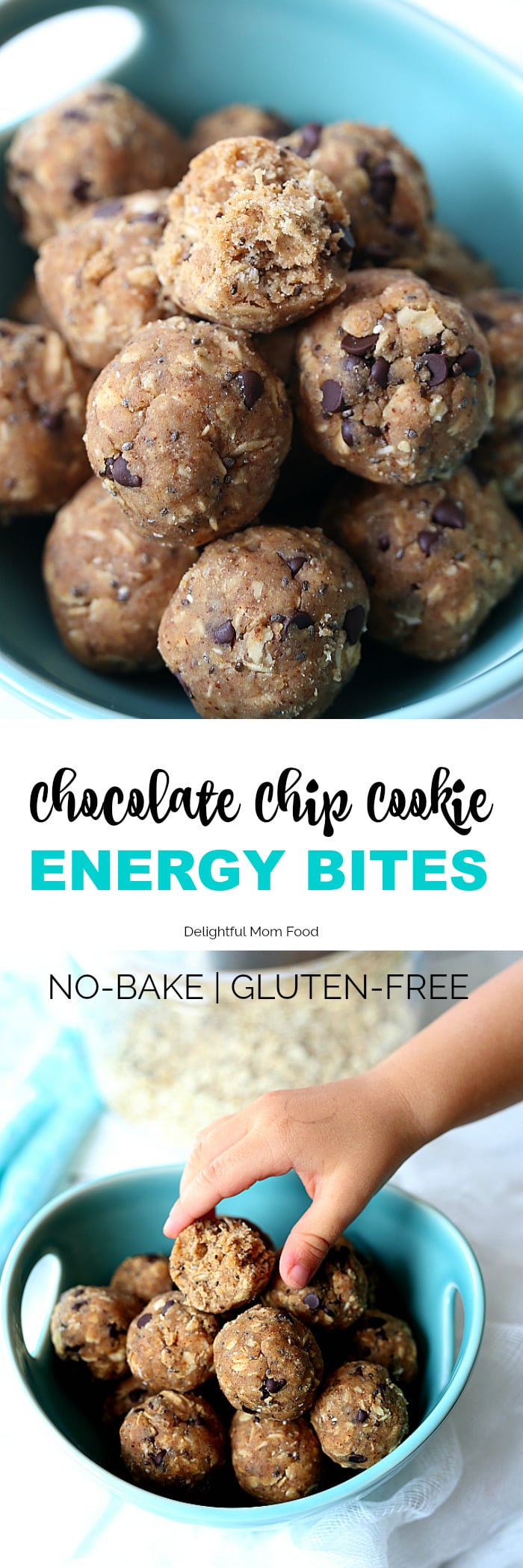 The easiest chocolate chip cookies! These vegan no-bake chocolate chip cookie bites taste like a chocolate chip cookie only made without butter, dairy, gluten and an oven! A tasty energizing dessert or snack ready in less than 10 minutes. #energybites #energyballs #recipe #glutenfree #vegan #healthy #nobake #chocolatechip | delightfulmomfood.com