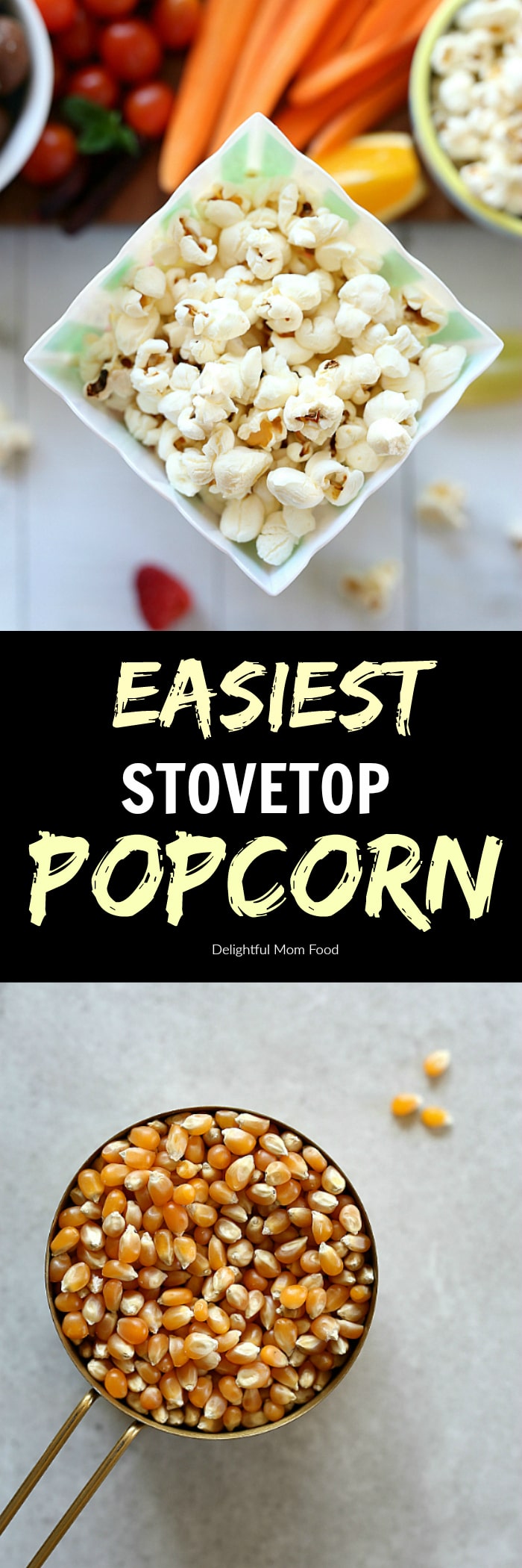 The EASIEST stovetop popcorn recipe popped on the stove in as little as 10 minutes! How to make popcorn on the stove in a few simple steps with corn kernels, coconut oil and a dash of pink salt! #stovetop #popcorn #snacks #easy #healthy #kernels #quick #glutenfree | recipe at delightfulmomfood.com