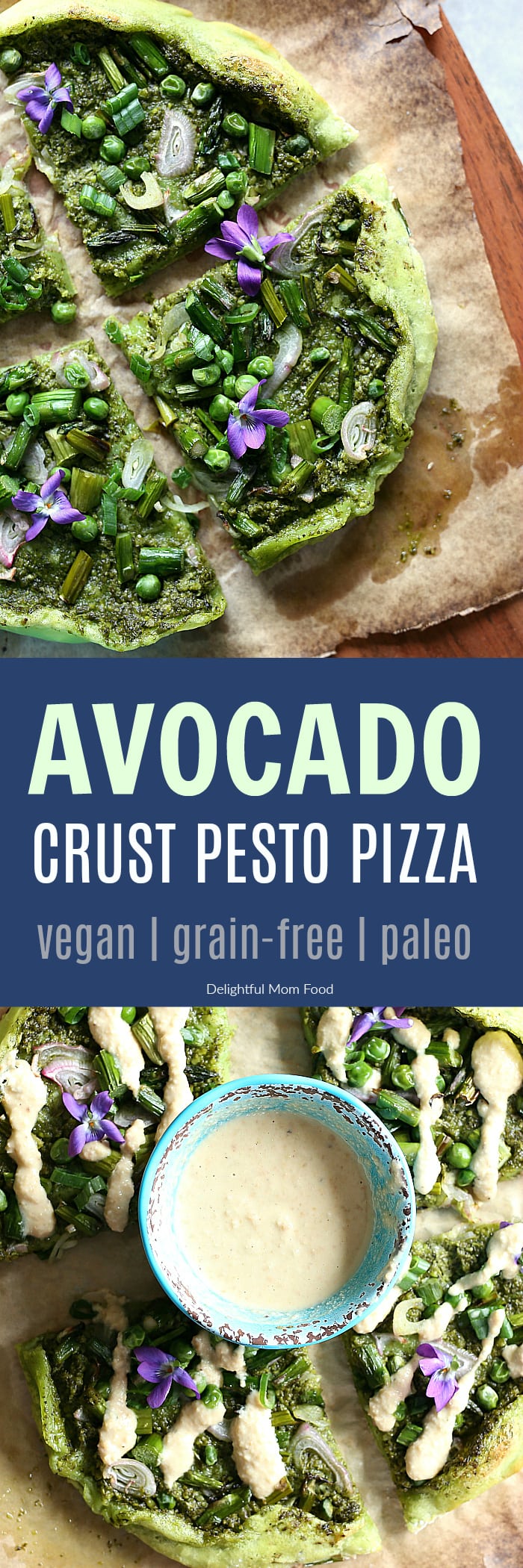 Get your greens with this healthy, grain-free, vegan avocado pizza crust made with lots of greens on top! Basil pea pesto, asparagus, peas and a cashew cheese dressing make this a light dinner or appetizer with plenty of delicious bold flavors! #avocado #pesto #pizza #recipe #healthy #easy #30minute #glutenfree #dairyfree #vegan #grainfree #paleo | Recipe at delightfulmomfood.com