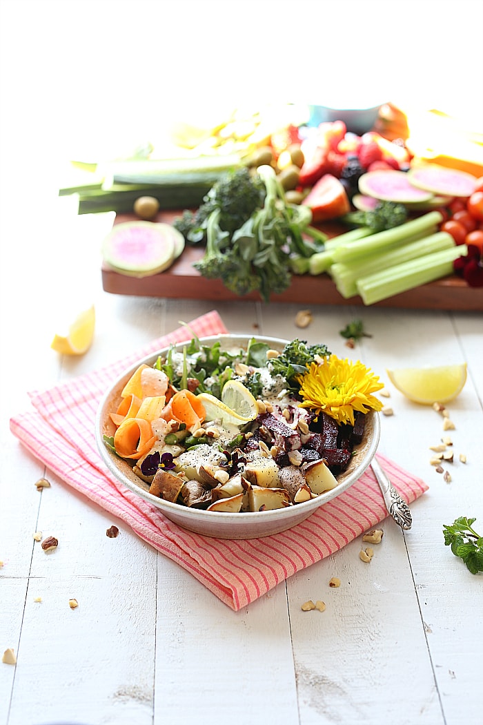 healthy spring root salad with cashew cream dressing