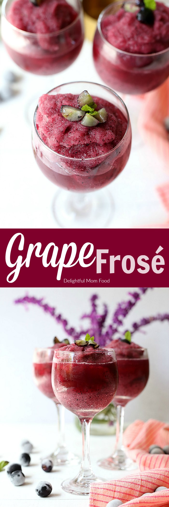 Grape Frosé Rosé (Frozen Rosé)- a refreshing blend of frozen grapes with rosé wine! Enjoy this trendy summer alcoholic beverage at your next party or BBQ to serve a large crowd! Summer’s all-time hit cocktails are Frozen Rosé along with enjoying a chilled glass of Rosé wine all day (Rosé All Day Babeee!)! This fruity alcoholic beverage has grown in popularity for its refreshing slushy texture of frozen fruit blended with rosé wine. #frozen #FroséRosé #frozenrosé #grapes #fruit #cocktails #skinnydrinks #easy #quick #roséallday | Recipe at delightfulmomfood.com